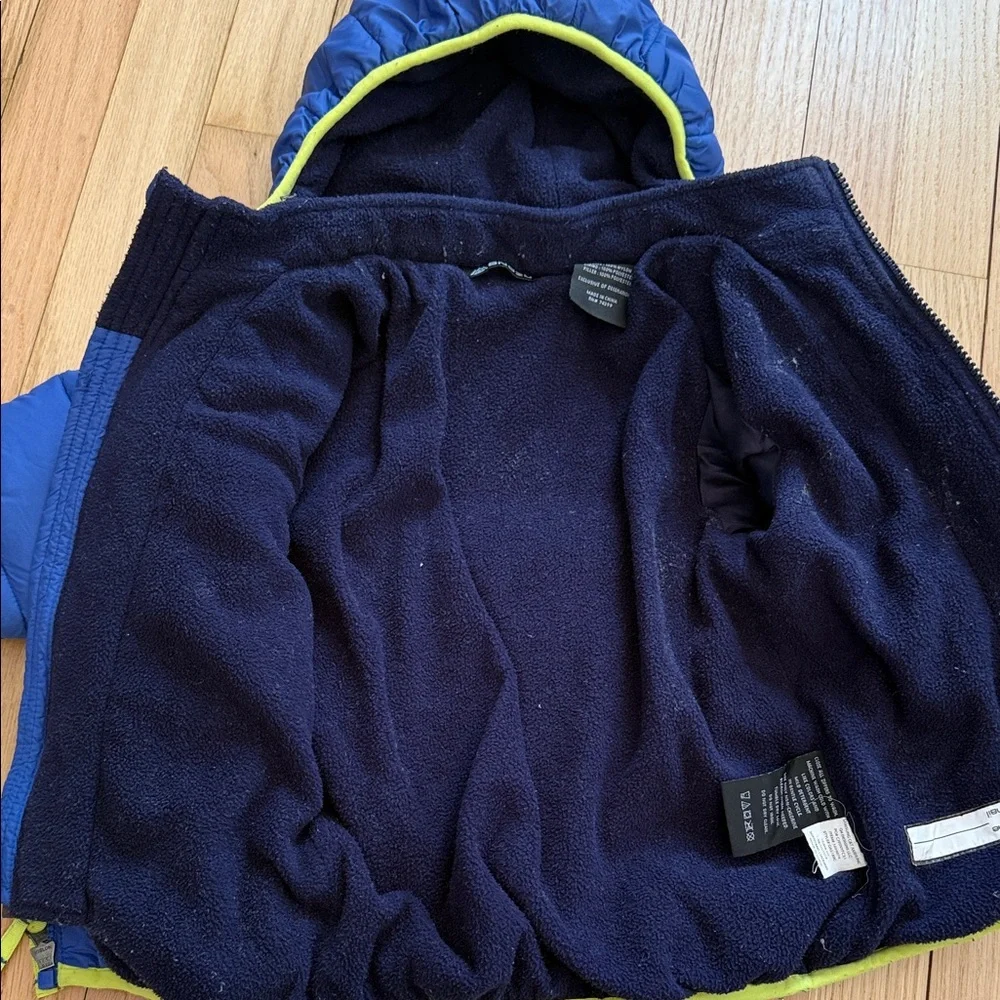 SNOZU Toddler Blue & Neon Green Hood Puffer Fleece Lined Jacket with Double Zip